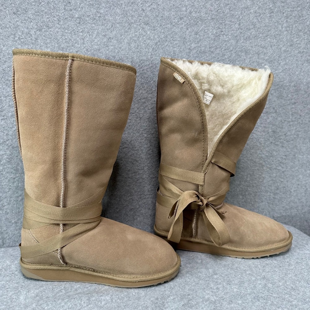 EMU Australia Hip‎ Tan Suede Merino Wool Tall Boots Ribbon Bow W20013 Womens 8